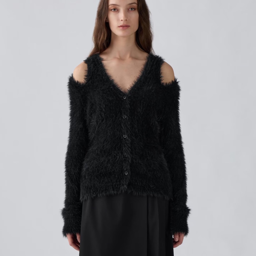 ROKH Cold Shoulder Cut-Out Fuzzy Eyelash Knit Sweater Cardigan Brushed Wool